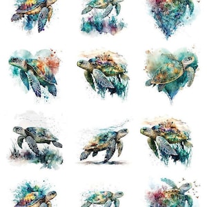 Op de afbeelding: Een vel met twaalf individuele tijdelijke tatoeageontwerpen met aquarelzeeschildpadden in verschillende zwemhoudingen. De illustraties bevatten levendige blauwe, groene en oranje tinten met verfspatten. De tekst 77299 is zichtbaar.