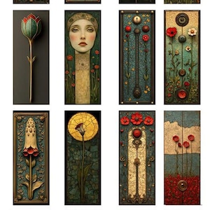 May include: A collection of sixteen rectangular panels labeled 17229, featuring diverse artistic designs including portraits of individuals, stylized floral motifs, butterflies, and intricate textured patterns in shades of red, green, gold, and blue.