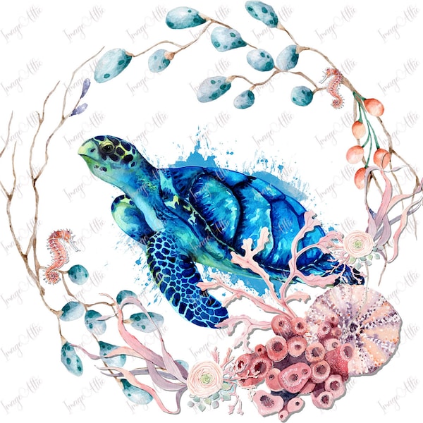 Watercolor Sea Turtle with Coral wreath and sea horses- Waterslide Decal - Clear - READY TO USE - W 66722