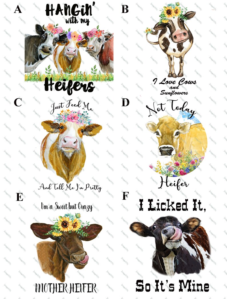 May include: A set of six digital images featuring cows with flowers and text. The images include phrases like "Hangin' with my Heifers", "Just Feed Me", "I Love Cows and Sunflowers", "Not Today", "And Tell Me I'm Pretty I'm a Sweet but Crazy Mother Heifer", and "I Licked It, So It's Mine".