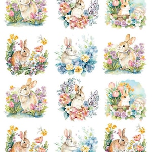 May include: A sheet of twelve watercolor-style stickers featuring rabbits surrounded by colorful spring flowers, including tulips and hydrangeas. The design includes the text 28988 at the top left. Each sticker displays a unique arrangement of bunnies and floral elements in soft pastel tones.