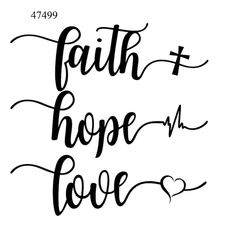 K&ouml;nnte beinhalten: Schwarz-wei&szlig;es Kalligrafie-Design mit den Worten "Glaube", "Hoffnung" und "Liebe" mit einem Kreuz, einem Herzen und einem Herzschlag-Symbol.