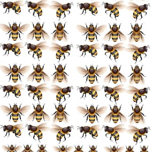 Könnte beinhalten: Ein Aufkleberbogen mit einem sich wiederholenden Muster von Honigbienen in verschiedenen Posen. Die Bienen sind mit gelb-schwarz gestreiften Körpern, durchscheinenden Flügeln und dunkelbraunen Köpfen illustriert und in Reihen angeordnet.