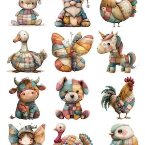 Könnte beinhalten: Eine Sammlung von zwölf Illustrationen mit einem Hasen, Zwerg, Huhn, einer Ente, einem Schmetterling, Einhorn, einer Kuh, einem Hund, Hahn, einer Fee, einem Truthahn und Vogel. Jede Figur ist in einem Patchwork-Muster in Blau-, Rosa- und Beigetönen gestaltet.