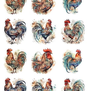 Puede incluir: Una hoja con doce ilustraciones de gallos dispuestas en una cuadrícula de cuatro por tres, con diseños estilo acuarela en tonos vibrantes de rojo, azul y naranja. Cada gallo se muestra de perfil con detalles intrincados en las plumas.