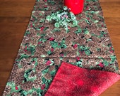 Christmas Pinecones and Berries Reversible Sparkle Red Table Runner Reversible Glitter Cabinet Topper Holiday Pinecones Winter Decor