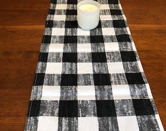 Black and White Cotton Canvas Buffalo Check Table Runner|Kitchen Table Linen | Farmhouse/Cottage Country Cabin Cabinet Topper