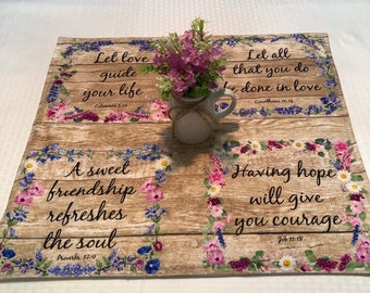 Friendship Table Topper|Religious Friendship Birthday Spring Summer Padded Cream Linen Backed  Faith Table Topper|Bible Verses Table Square