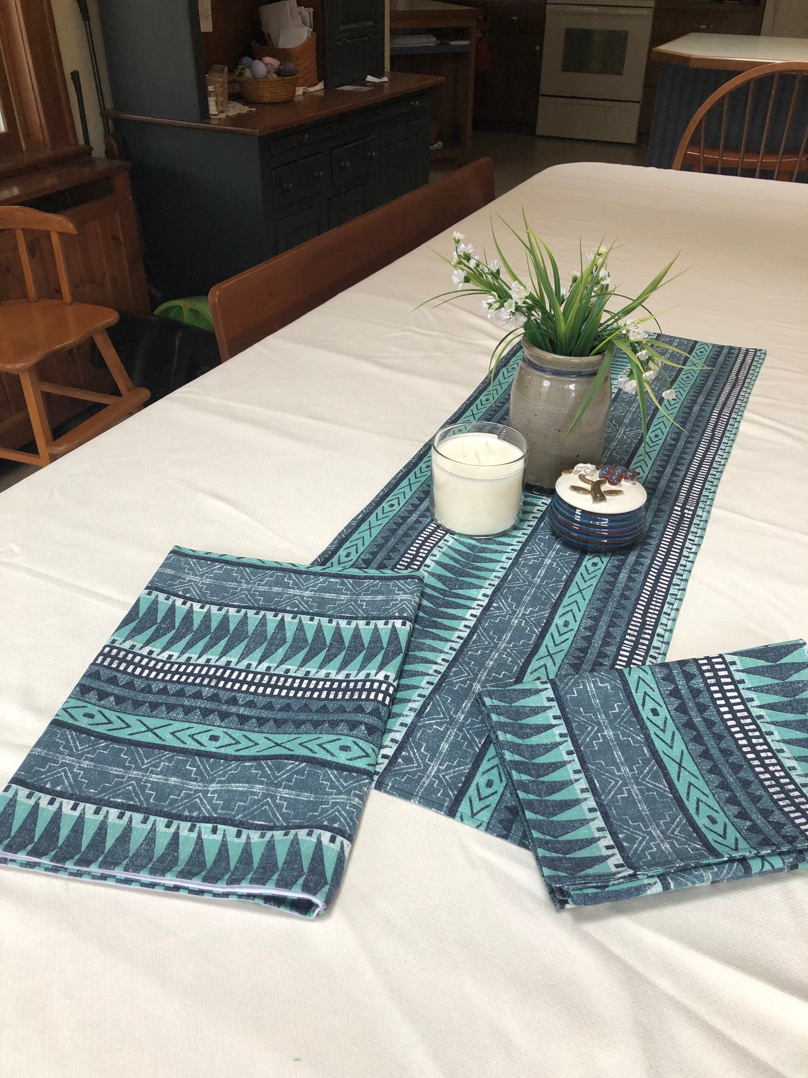 Teal Geometric Boho Table Runner Spring Linens Blue Table Etsy