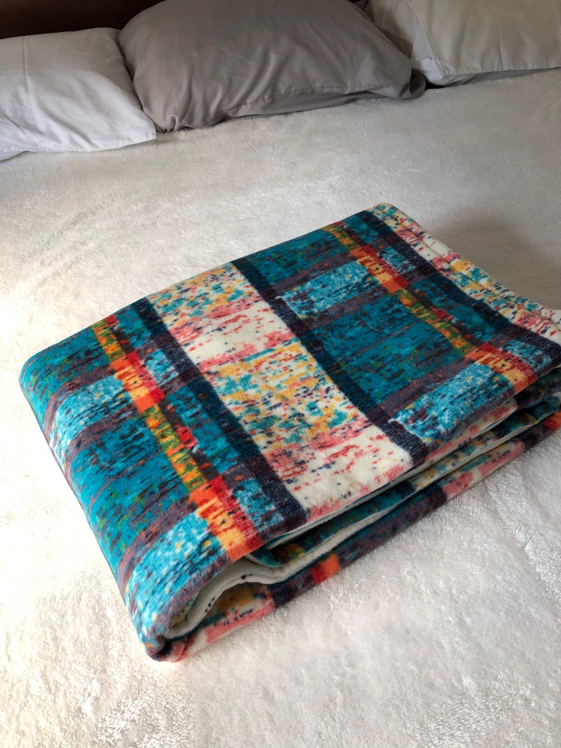 Turquoise Plaid Luxe Double Sided Fleece Throw Abstract Etsy