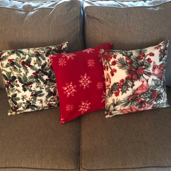 Holly Berries Snowflakes Cardinals Fleece Pillow Covers | Christmas Accent Pillow|Removable Cover | Red/Green Christmas