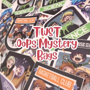 May include: A selection of vibrant stickers with anime-style artwork. The stickers showcase different club themes, such as basketball, science, and music. The text "TWST Oops Mystery Bags" is written in a fun font across the image.