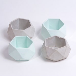 May include: Four geometric concrete planters, two in light grey and two in light blue, with a hexagonal shape and a faceted design.