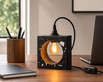 Handmade Black Terrazzo Table Lamp, Jesmonite Bedside Light with Warm Edison Bulb