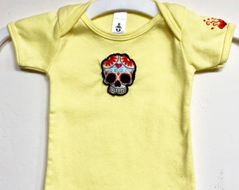 Sugar Skull baby T shirt, 3 to 6 months, Hand embroidered, 100% cotton