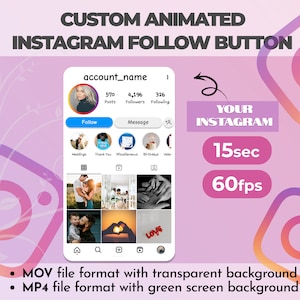 May include: A pink and orange gradient background with a white phone screen displaying a social media profile. The profile has a photo of a woman, a follow button, and a message button. The phone screen also shows a grid of photos. The text "YOUR INSTAGRAM" is in a pink rectangle with a white outline. The text "15sec" is in a white rectangle with a pink outline. The text "60fps" is in a white rectangle with an orange outline. The text "MOV file format with transparent background" and "MP4 file format with green screen background" is at the bottom of the image.