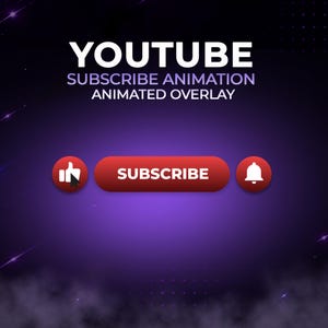 Może przedstawiać: Cyfrowa grafika z białym napisem YOUTUBE SUBSCRIBE ANIMATION ANIMATED OVERLAY. Poniżej znajduje się czerwony poziomy przycisk z napisem SUBSCRIBE, otoczony czerwoną ikoną łapki w górę z kursorem oraz czerwoną ikoną dzwonka powiadomień.