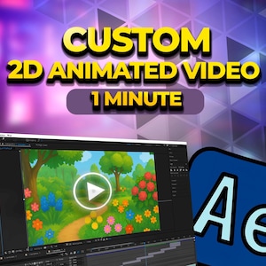 Puede incluir: Un gráfico digital que promociona videos animados en 2D personalizados. El texto "CUSTOM 2D ANIMATED VIDEO 1 MINUTE" se muestra en amarillo y blanco. Una pantalla de ordenador muestra un paisaje de dibujos animados con un botón de reproducción. El logotipo de Adobe After Effects está en la parte inferior derecha.