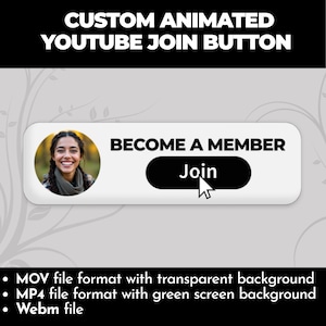 Può includere: Un pulsante YouTube personalizzato e animato "Unisciti" con il testo "DIVENTA UN MEMBRO" e un pulsante "Unisciti". Il pulsante include una foto di una persona sorridente. L'immagine elenca anche i formati di file: MOV, MP4 e Webm.
