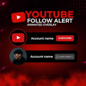 以下が含まれることがあります： YouTubeのロゴと「YOUTUBE FOLLOW ALERT ANIMATED OVERLAY」のテキストが特徴の、赤と黒を基調としたデジタルグラフィック。 「Account name」と「SUBSCRIBE」ボタンを備えたアニメーションオーバーレイ要素が含まれています。