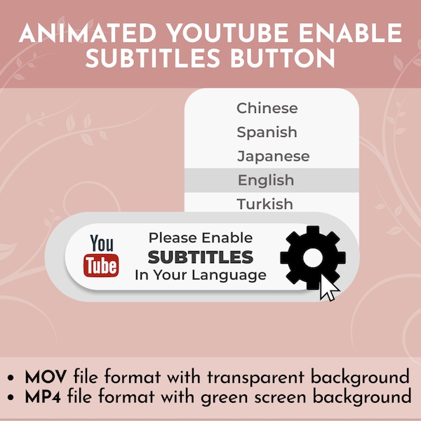 Animated Youtube, enable subtitles Button Overlay for Intro Videos Digital Download