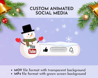 Könnte beinhalten: Animiertes YouTube-Intro mit einem Schneemann mit grünem Schal und roten Fäustlingen. Das Intro enthält einen Daumen hoch, einen Abonnieren-Button und eine Benachrichtigungsglocke. Der Hintergrund ist helllila mit Schneeflocken.