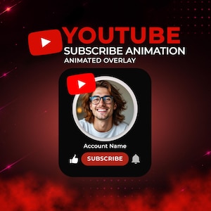Może przedstawiać: Animacja nakładki subskrypcji YouTube z czarną, zaokrągloną ramką prostokątną, okrągłym zdjęciem profilowym uśmiechniętej osoby w okularach, czerwonym przyciskiem subskrypcji oraz ikonami i tekstem wewnątrz grafiki.