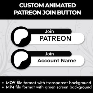 Puede incluir: Gráfico de botón de unirse a Patreon animado con fondo negro y texto blanco. El botón presenta un círculo blanco con una forma negra en su interior. El texto dice "Unirse a Patreon" y "Unirse a Nombre de cuenta".
