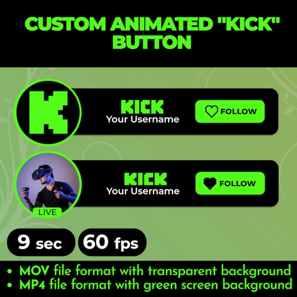 Custom animated Kick follow button overlay for intro videos