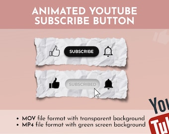 May include: Animated YouTube subscribe button graphic with a thumbs up icon, a bell icon, and a button that says "SUBSCRIBE" and another button that says "SUBSCRIBED". The graphic is on a crumpled white paper background. The text below the graphic says "MOV file format with transparent background" and "MP4 file format with green screen background".