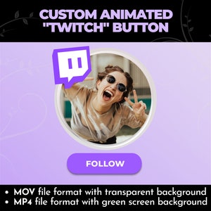 Peut inclure: Un bouton de logo Twitch violet avec une femme portant des lunettes de soleil, souriant et faisant un signe de paix. Le bouton est animé et disponible au format MOV avec un fond transparent ou au format MP4 avec un fond d'écran vert. Le bouton indique "SUIVRE" dessus.