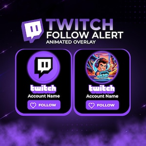 Peut inclure: Graphique de superposition animée d'alerte de suivi Twitch violet et noir. Le design comprend le logo Twitch, un avatar de joueur et le texte "TWITCH FOLLOW ALERT" et "FOLLOW".