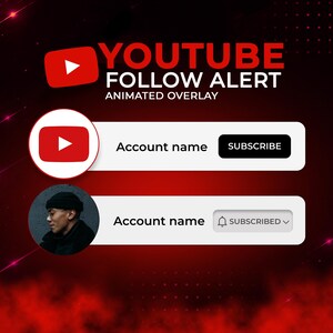 Pode incluir: Um gráfico digital para um alerta de acompanhamento do YouTube. O design apresenta o logotipo do YouTube, as palavras "YOUTUBE FOLLOW ALERT" em vermelho e branco e texto de sobreposição animado. Existem duas seções para nomes de conta e botões de inscrição.