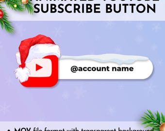 Könnte beinhalten: Animierter YouTube-Abonnement-Button mit einem roten Weihnachtsmannhut über dem YouTube-Logo. Der Button hat ein weißes Banner mit dem Text "@account name" vor einem hellvioletten Hintergrund mit Schneeflocken.
