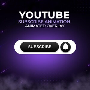 Pode incluir: Um gráfico digital com o texto YOUTUBE SUBSCRIBE ANIMATION ANIMATED OVERLAY em branco e roxo claro. Abaixo do texto, há um botão branco em forma de pílula contendo um botão preto com o rótulo SUBSCRIBE e um ícone de sino preto.