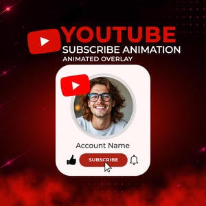 Może przedstawiać: Animacja nakładki subskrypcji YouTube z białym zaokrąglonym prostokątem, okrągłym zdjęciem profilowym, napisem Account Name, czerwonym przyciskiem subskrypcji, ikoną kciuka w górę, dzwonkiem i kursorem na ciemnoczerwonym tle.