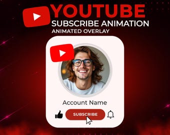 May include: A YouTube subscribe animation overlay featuring a white rounded rectangular box with a circular profile picture, the text Account Name, a red subscribe button, a thumbs up icon, a bell icon, and a cursor pointer on a dark red background.