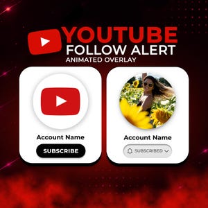 Może przedstawiać: Grafika cyfrowa z czerwono-białym logo YouTube i napisem "YOUTUBE FOLLOW ALERT ANIMATED OVERLAY". Dwa białe prostokątne pola wyświetlają logo YouTube i zdjęcie osoby na polu słoneczników. Pola zawierają tekst "Account Name" i "SUBSCRIBE" lub "SUBSCRIBED".