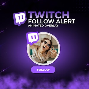 Puede incluir: Una superposición animada de Twitch púrpura con el texto "TWITCH FOLLOW ALERT" y "ANIMATED OVERLAY". Una imagen circular de una persona con gafas de sol haciendo el signo de la paz está en el centro. Un botón "FOLLOW" está en la parte inferior.