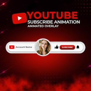Op de afbeelding: Een YouTube-abonneeranimatie met een witte horizontale balk, een ronde profielfoto, een rood YouTube-pictogram, de tekst Account Name, een duim-omhoog-pictogram, een rode Subscribe-knop en een zwart belpictogram voor meldingen.