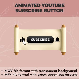 Könnte beinhalten: Animiertes YouTube-Abonnement-Button-Design. Das Design zeigt eine Schriftrolle mit dem Text "SUBSCRIBE" auf einer schwarzen Schaltfläche, ein Daumen-hoch-Symbol und ein Glockensymbol. Der Text "ANIMATED YOUTUBE SUBSCRIBE BUTTON" steht oben.
