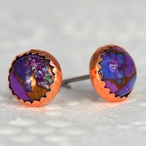 Studs Purple Copper Mojave Turquoise Round 8mm Earrings Semi Precious Antique Copper Setting  Studs Earrings Hypoallergenic Stainless Studs