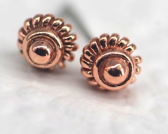 Copper Daisy Twist 7mm Stud Earrings Round 6mm  Leaves Hand Fashioned
