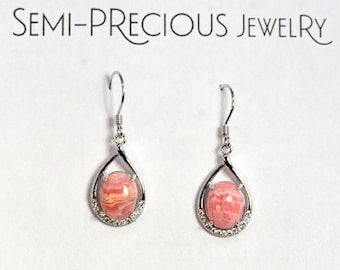 Rhodochrosite Oval 9mm x 7mm Semi Precious Gemstone Drop Earrings Hypoallergenic Sterling Silver Ear Wires