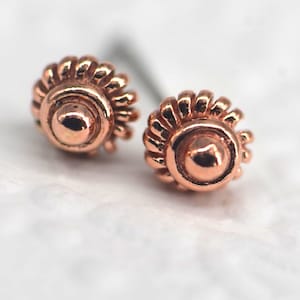 Copper Daisy Twist 7mm Stud Earrings Round 6mm  Leaves Hand Fashioned