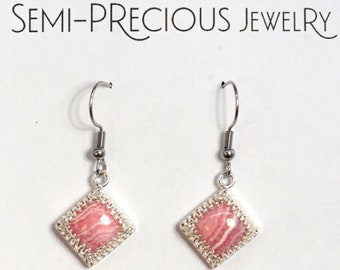 Rhodochrosite Square 10mm x 10mm Semi Precious Gemstone Drop Earrings Hypoallergenic Sterling Silver Ear Wires