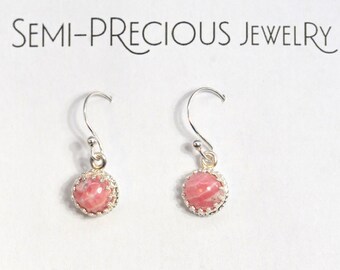 Rhodochrosite Round 8mm Semi Precious Gemstone Drop Earrings Hypoallergenic Sterling Silver Ear Wires Pink Natural Stones Handmade Jewelry