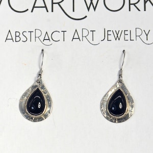Black Onyx Oval 8 x 10mm  with Hammered Argentan Teardrop Hammered Hemispherical - Hypoallergenic Stainless Ear wires -  Artist Signed