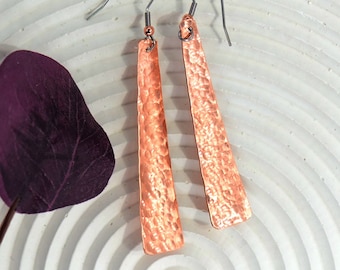Copper Hammered Long  Dangle Earrings  2 inches Long Tapered to 1/2 Inch Large Hammered Textured Copper Minimalist  Copper Dangle  Earrings