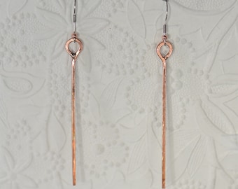 Copper Long Bar Hammered Patinaed Dangle Earrings  Long Skinny Earrings Hammered Copper Bar Earrings Three Inch Copper Dangle Stick Earrings